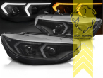 LED, mit LED Blinker, schwarz, nur passend für Fahrzeuge mit original XENON Scheinwerfern, LED Abblendlicht / LED Fernlicht, elektrisch verstellbar - Stellmotor integriert, Eintragungsfrei / mit E-Prüfzeichen, Eintragungsfrei / mit R87 Zulassung als Tagfahrlicht